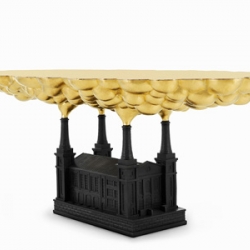 Studio Job's newest work was unveiled at Design Miami. This table  is a  patinated bronze “factory”, whose  four chimneys produce a “polluted cloud” of polished bronze, which becomes the open-work tabletop.