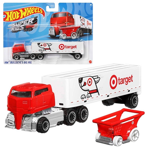 Target Hot Wheels 1:64 Scale Bullseye's Big Rig Vehicle with red shopping cart! The cutest collab, matching the trucks we love to see on the freeway... and the back opens too!