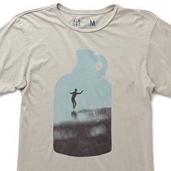 Almond Surf Boards' SURF BOTTLE Tshirt! "Sometimes, when there is swell in the water, and the sun is shining, you wish you could just bottle it up and save it for a rainy day." Art by Dave Hill.