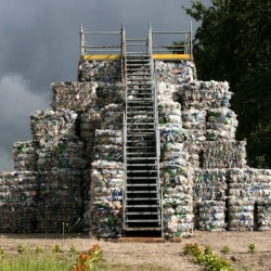 The SALZIG Design Team created the temporary TEMPLE OF TRASH. The construction consisted of 100 tones of bales with pressed PET bottles.