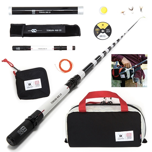 Topo Designs x Tenkara Rod Co Kit. Adorable black and white striped fishing rod in this latest Topo collab. The Kit includes a 10.5ft medium action Tenkara Rod, Tenkara line, selection of traditional Tenkara flies, a Leader Wallet and limited edition Minimal Hip Pack.