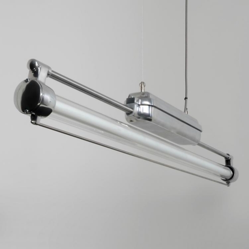 Vintage Industrial fluorescent pendant lights. A Trainspotters exclusive, based closely on the original model manufactured in East Germany in the 1950’s. Made to high specification in the UK in cast aluminium with steel and glass components.

36w T8 fluorescent warm white tube.
Fully dimmable ballast (1-10v).

Each light is supplied complete with:

2 x 2m steel suspension cable
2m braided grey 5 core flex (dimmable)
Extra cable/flex available on request
Supplied fully assembled and tested to BS EN 60598 under accreditation by the Lighting Industry Association