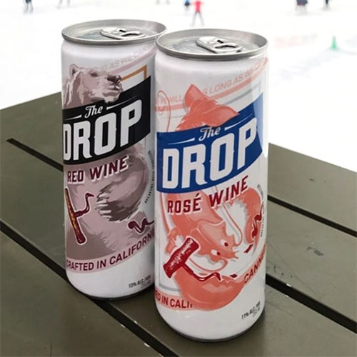 The Drop Wines - canned wines in rosé, red, and white. Fun packaging design.