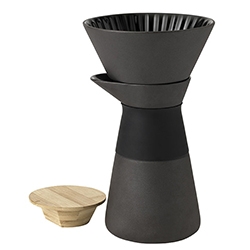 Tempting Theo Slow Drip Coffee Maker by Stelton - stunning in matte black stoneware with a shiny glaze with bamboo lid and a collar of heat insulating silicone. Designed by Francis Cayouette.