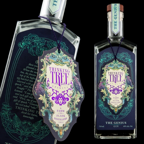 Thinking Tree Spirits - beautiful branding and packaging design by Hired Guns Creative. Interesting use of a hang tag for the main logo, which can be lifted and flipped for more information.
