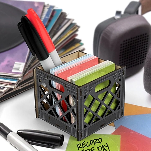 Fred 'For the Record' adorable tiny crate pencil holder with notecards (that also seems perfect for sticky notes!) Made of durable laser-cut MDF, finished size measures 3.4 x 3.6 x 3"