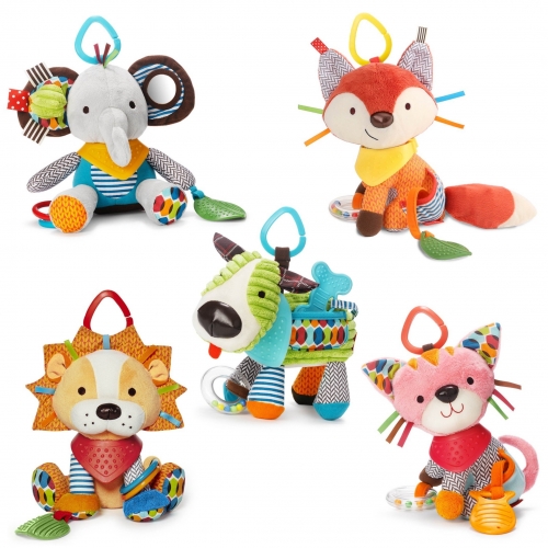 Skip Hop Bandana Buddies - our new go-to surprise for visiting babies. Adorable animals that squeak, crinkle, rattle, and more with a mirror they can peek into, various things to chew on, and even a removable bandana teether for your wrist.