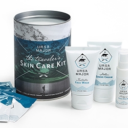 The Ursa Major Traveler's Skin Care Kit contains travel-friendly sizes of Face Wash, Shave Cream, Face Balm  and five tonic-infused bamboo Face Wipes, all housed in a majestic, reusable tin.
