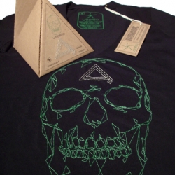 TRIADSKULL- 100% organic cotton v-neck, Paint-Free design composed of over 200 triangles in a Pyramid shipping box made of 100% recycled cardboard and grocery paper bags. Only 7 pieces. From Viidrio.