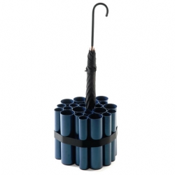 An umbrella stand made of twenty three blue aluminium tubes. Brilliant idea from design duo- Loris & Livia.