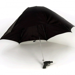 "allows adults to play in the rain"... there is a water gun attached to the umbrella...a constant flow of water...as long as the rain keeps coming down - by alex wooley