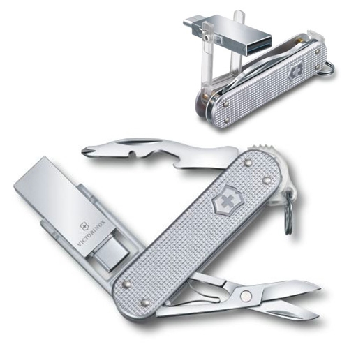Victorinox Swiss Army Jetsetter@work Alox multitool has a USB-c/USB-A 3.0/3.1 super slim 16GB drive as well as scissors, bottle opener, wire stripper, screwdriver and keyring.