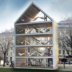 Flederhaus in Vienna is part public art, part public meeting space with 28 hammocks, designed by Heri & Salli Architects.