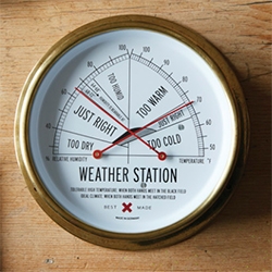 Best Made Co Weather Station with thermometer and hygrometer. Great graphics. Precision made in Germany. "When the needles cross in the hatched region on the gauge, heat and humidity are perfectly balanced."