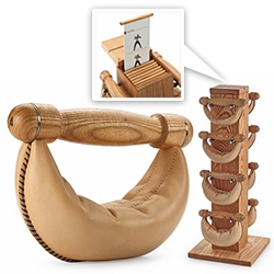 A tower of Wood/Leather Dumbells - complete with cards of exercises inside the tower.