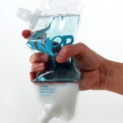 Ecodesign in packaging. Alexandre Michaud has developed this double pocket for both a gel and body moisturizer for men.