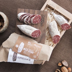 Delicious looking wild boar salami from Creminelli. Beautifully packaged gift sets!
