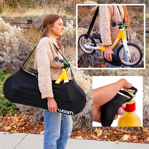 Woom Butler Bike Bag - For parents who have to schlep a kids bike, toss it in this packable super-stretchy yet durable ripstop fabric, over the shoulder bag, or use the strap (complete with bottle opener!?!?)