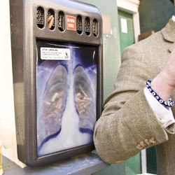 A new medium called adbins for Quit, the stop smoking charity, shows a set of lungs, transparent in the middle so you can see all the discarded cigarette ends inside the bin. Advert from Saatchi & Saatchi, London, United Kingdom.