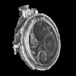 Image gallery of state-of-the-art X-ray scans revealing the internal mechanisms of a corroded, barnacle-covered pocket watch recovered from a seventeenth-century wreck. Research by  National Museums Scotland.