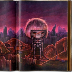 'Yog the SkeletonGirl part I-VII' collage of 7 scenes painted on recycled books, tells the story of the birth of a warrior. By Swedish pop artist ItchySoul and recently shown at the Pictoplasma character design festival in Berlin.